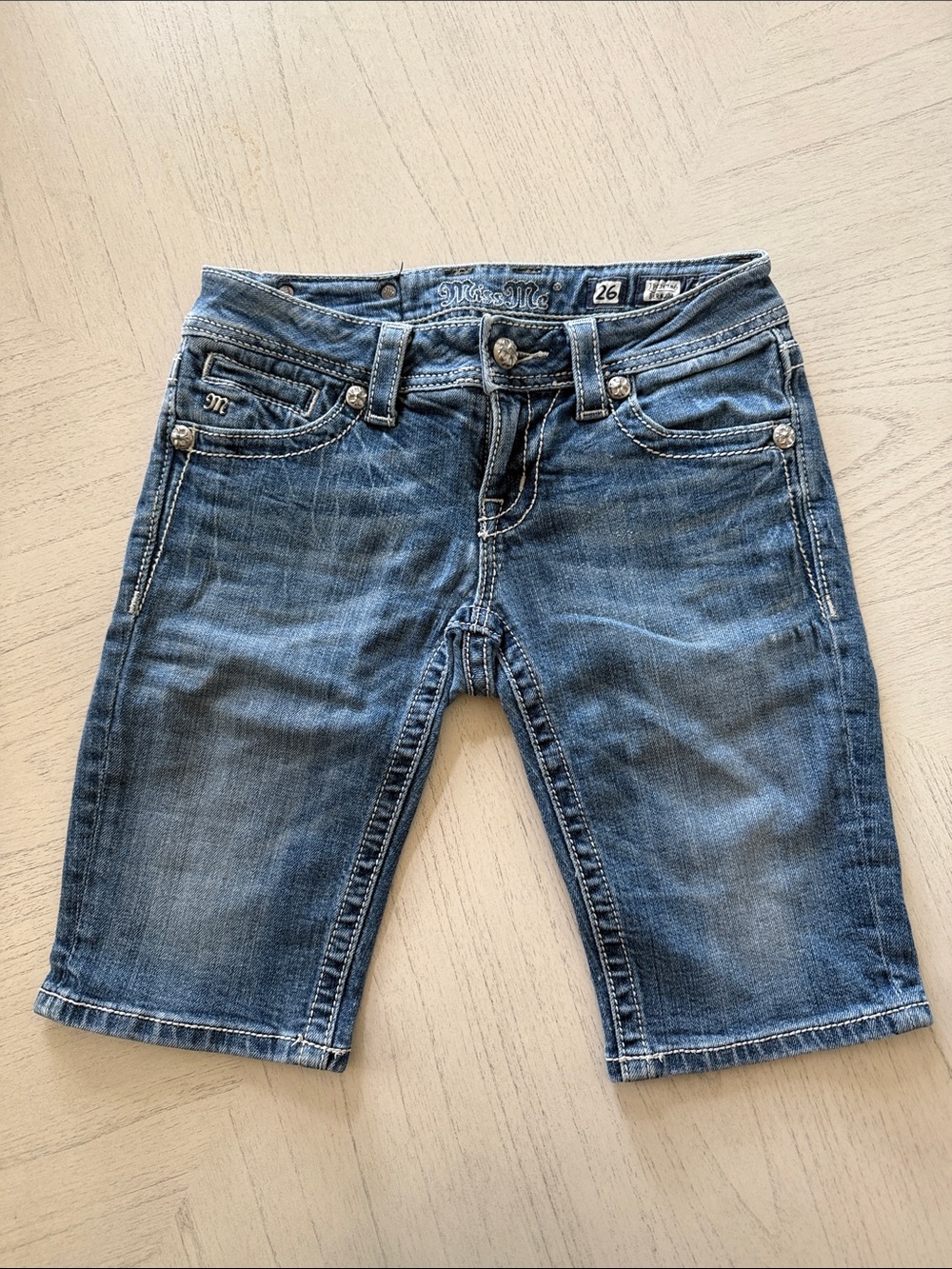 Miss Me Embellished Medium Wash Denim Bermuda Shorts - Size 26 - [PH1129]